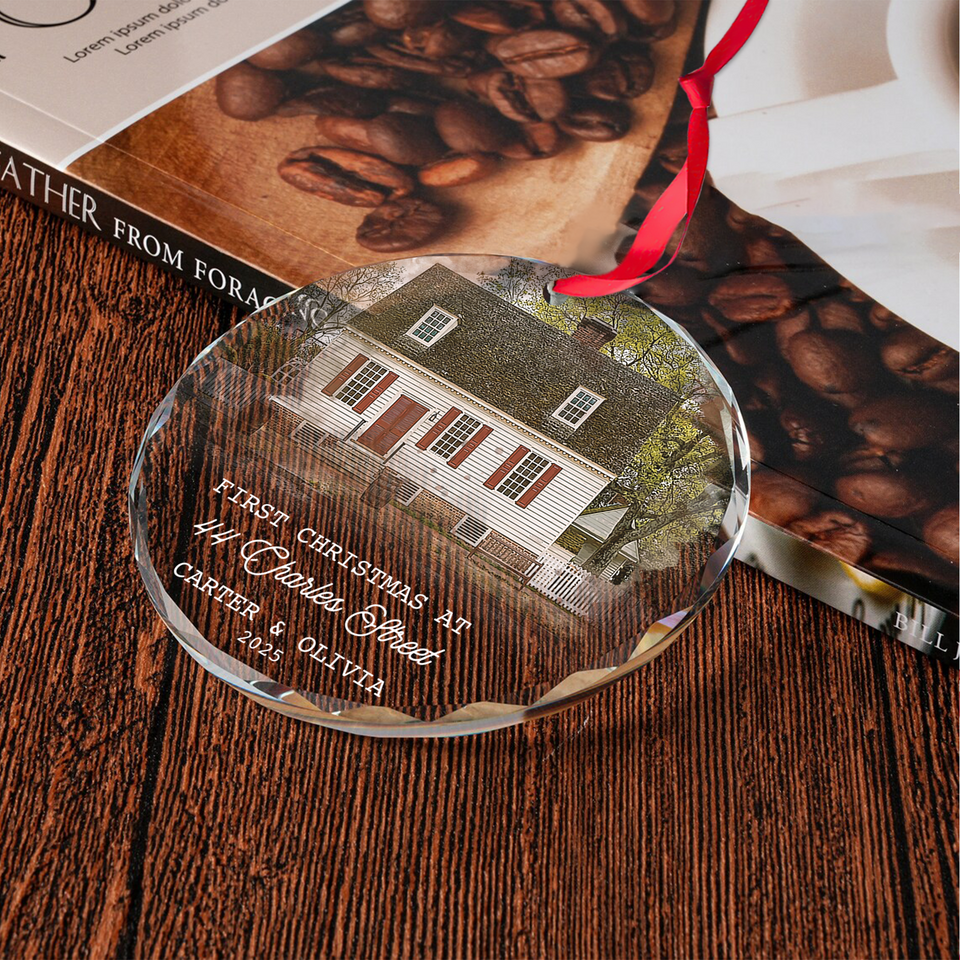 Personalized New Home Christmas Glass Ornament, Custom Watercolor Photo Glass Ornament