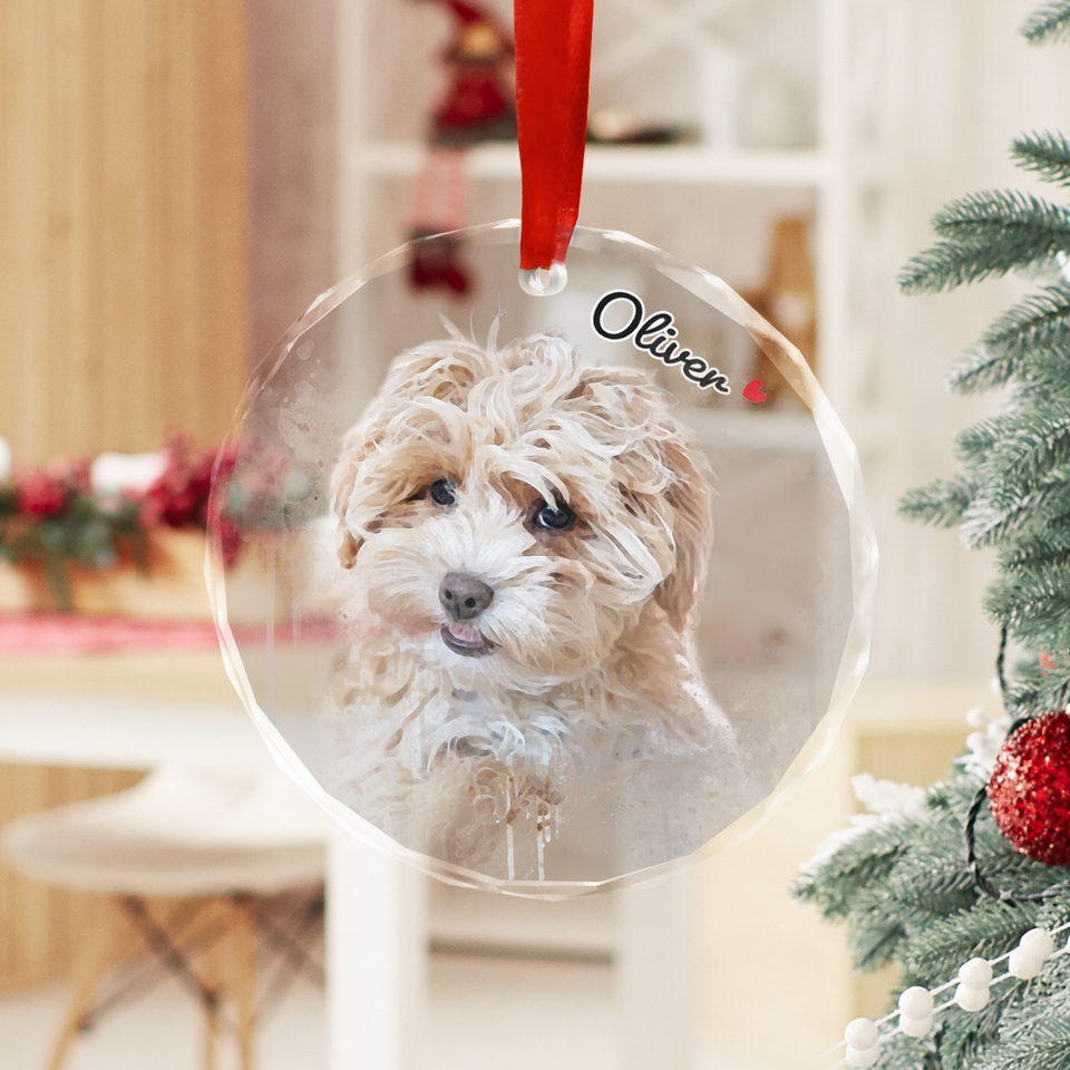 Personalized Watercolor Photo Pet Glass Ornament, Custom Pet Portrait Glass Ornament