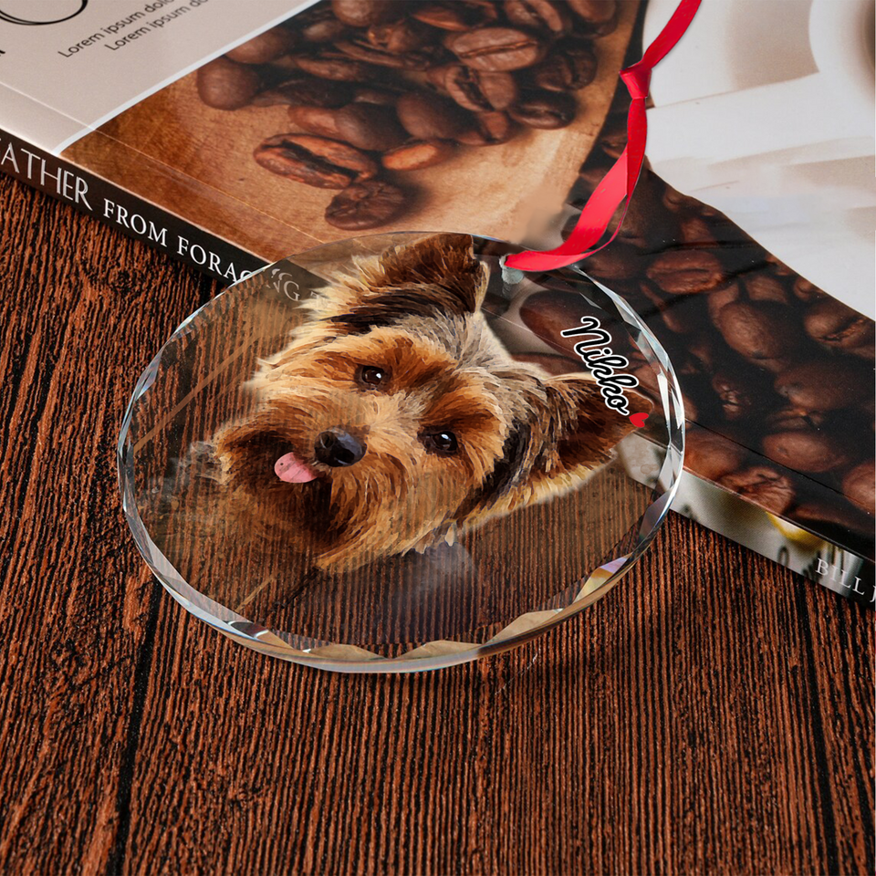 Personalized Watercolor Photo Pet Glass Ornament, Custom Pet Portrait Glass Ornament
