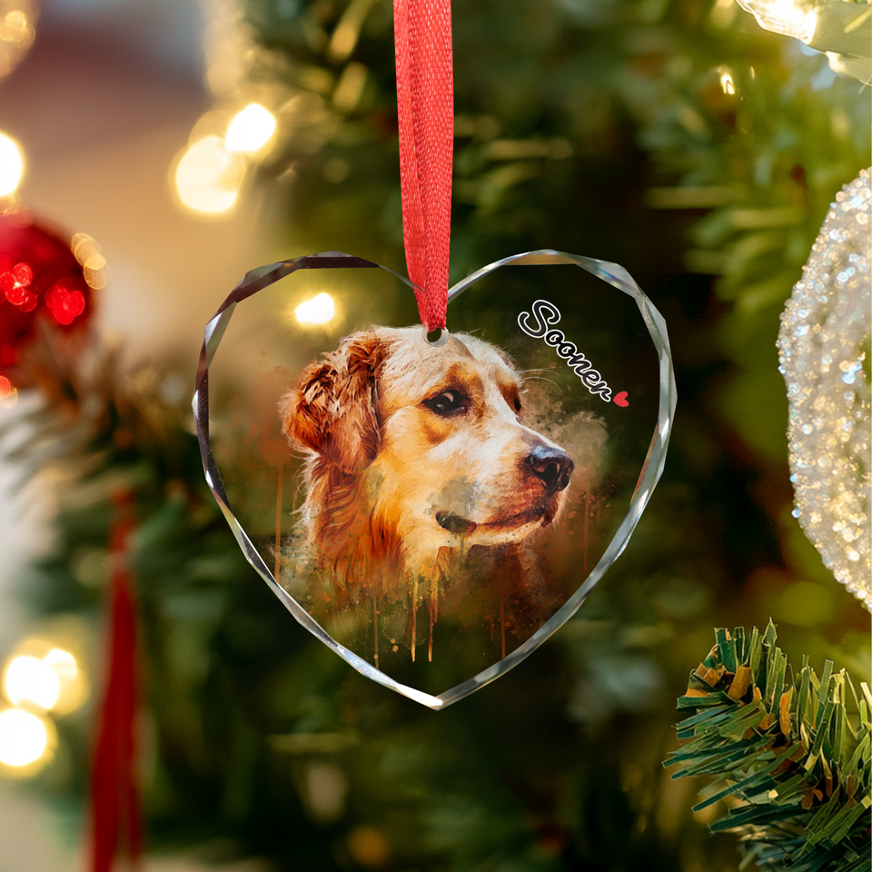 Personalized Watercolor Photo Pet Glass Ornament, Custom Pet Portrait Glass Ornament
