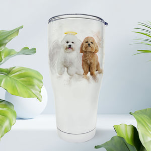 Pet Loss Memorial Portrait Painting from Photo with Angel Wings and Halo Deceased Pet on Fat Curved Tumbler