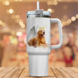 Pet Loss Memorial Portrait Painting from Photo with Angel Wings and Halo Deceased Pet on Large Tumbler