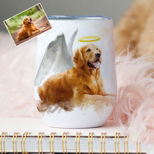 Pet Loss Memorial Portrait Painting from Photo with Angel Wings and Halo Deceased Pet on Wine Tumbler