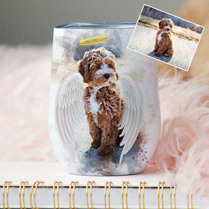 Pet Loss Memorial Portrait Painting from Photo with Angel Wings and Halo Deceased Pet on Wine Tumbler