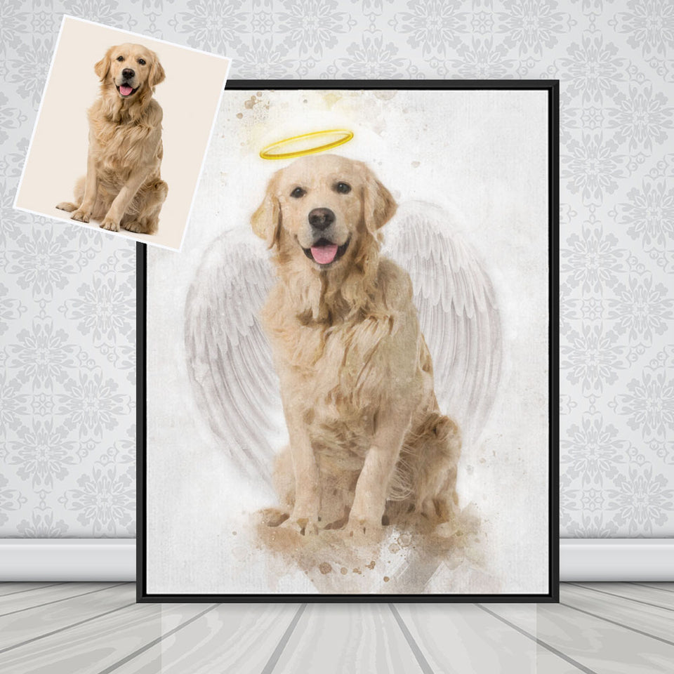 Pet Loss Memorial Portrait with Angel Wings and Halo Deceased Pet Watercolor Painting from Photo