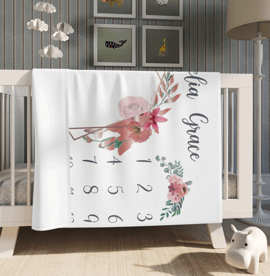 Blush & Rosegold Floral Baby Girl Blanket, Personalized Monthly Baby Milestone Blanket
