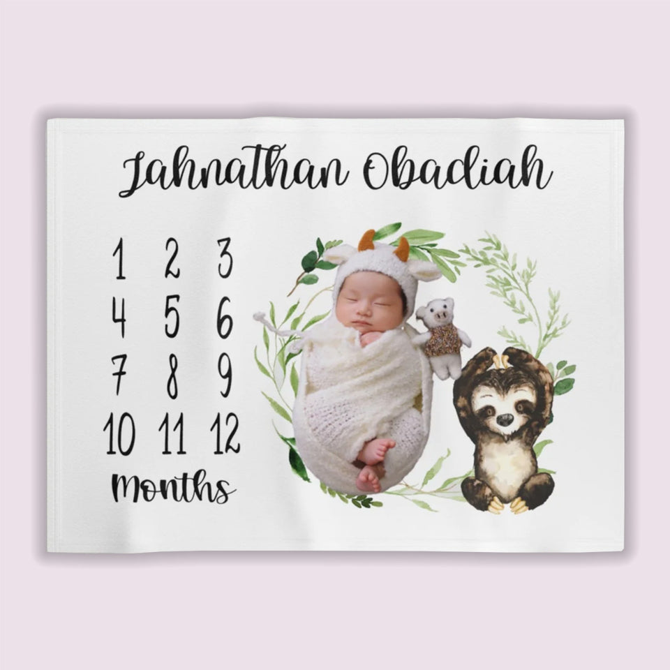Sloth Milestone Baby Personalized Blanket, Monthly Growth Tracker, Baby Shower Gift, New Baby Gift