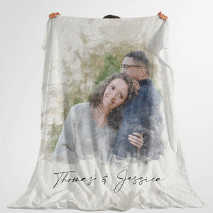 Valentine Gift for Her or Him, Boyfriend Girlfriend Couple Watercolor Portrait on Fleece/Sherpa Blanket