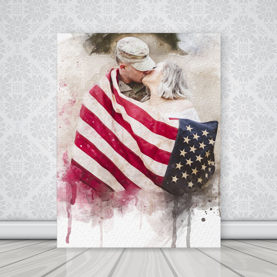 Watercolor Any Veterans Army Family Photo Portrait, Veterans Family Photo on Personalized Canvas