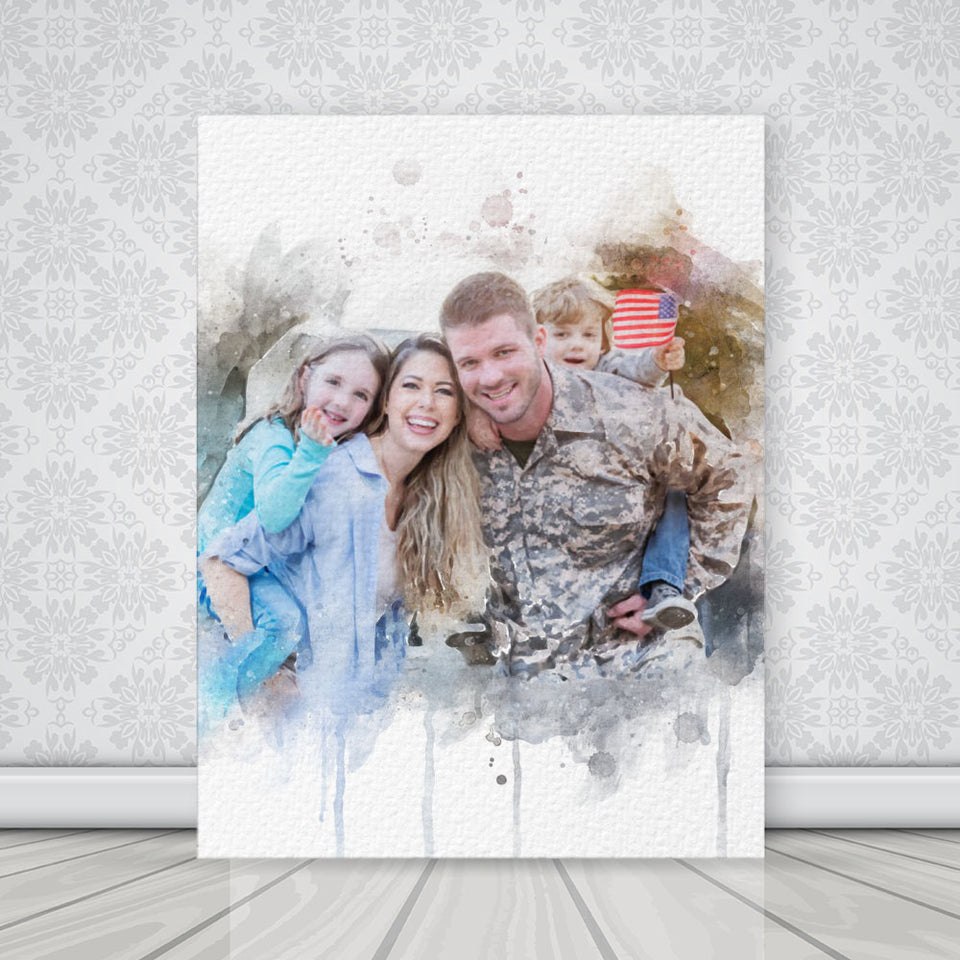 Watercolor Any Veterans Army Family Photo Portrait, Veterans Family Photo on Personalized Canvas