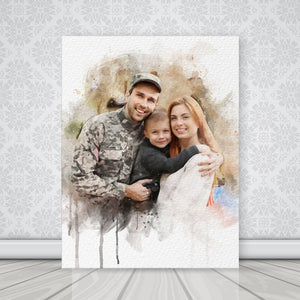 Watercolor Any Veterans Army Family Photo Portrait, Veterans Family Photo on Personalized Canvas