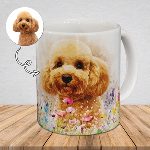 Watercolor Pet with Wildflowers Portrait from Photo Mug, Custom Pet Photo Mug, Unique Pet Loss Gift