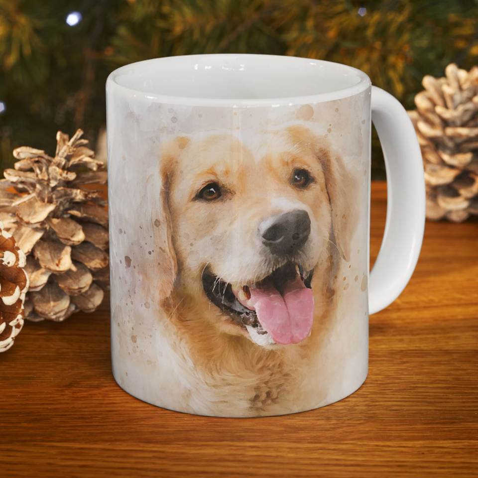 Watercolor Pet Portrait from Photo Ceramic Mug, Custom Pet Photo Mug, Unique Pet Loss Gift