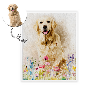 Watercolor Pet with Wildflowers Portrait from Photo Poster, Custom Pet Photo Art, Unique Pet Loss Gift