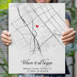 Where It All Began Map Print Canvas, Anniversary Gift for Him or Her, Personalized First Date Location Custom Street Map Canvas