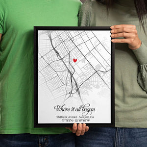 Where It All Began Map Print Canvas, Anniversary Gift for Him or Her, Personalized First Date Location Custom Street Map Canvas