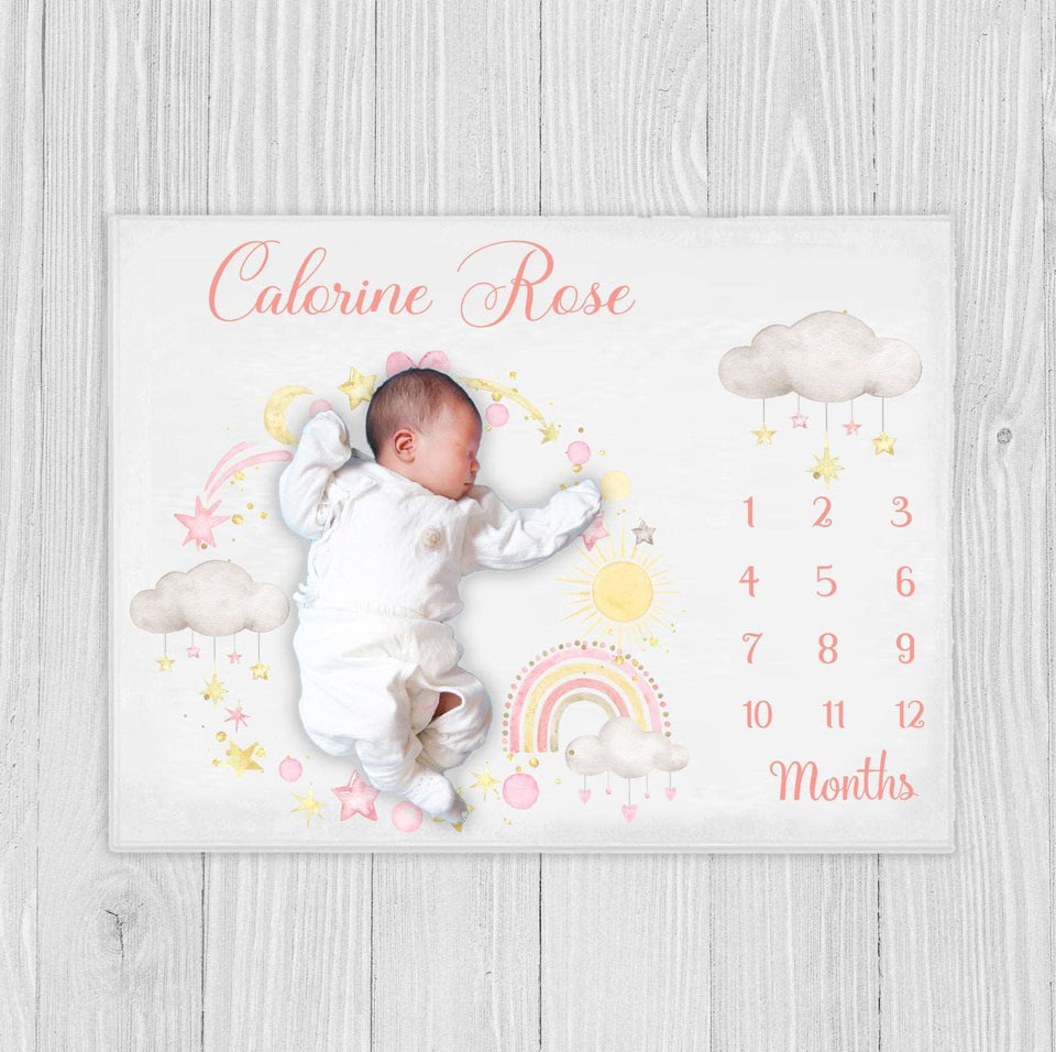 Baby Girl Milestone Blanket, Baby Shower Gift, Baby Month Blanket, Personalized Rainbow Baby Age Blanket