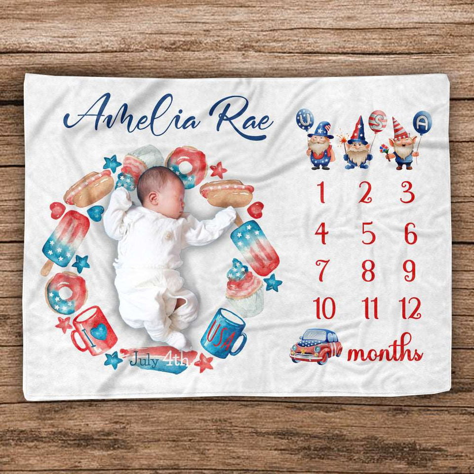 Baby Shower Gift Blanket, 4th Of July Patriotic Milestone Blanket for Baby, Monthly Age Blanket