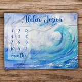 Baby Shower Gift, New Mom Gift, Monthly Baby Blanket, Milestone Ocean Waves Personalized Baby Blanket