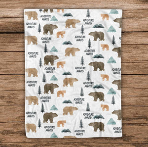 Bears and Mountains Woodland Baby Blanket, Personalized Baby Blanket Gift, Toddler Blanket, Baby Shower Gift