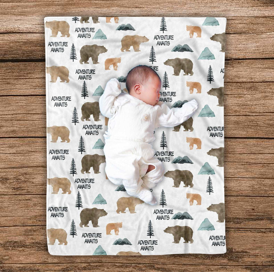 Bears and Mountains Woodland Baby Blanket, Personalized Baby Blanket Gift, Toddler Blanket, Baby Shower Gift