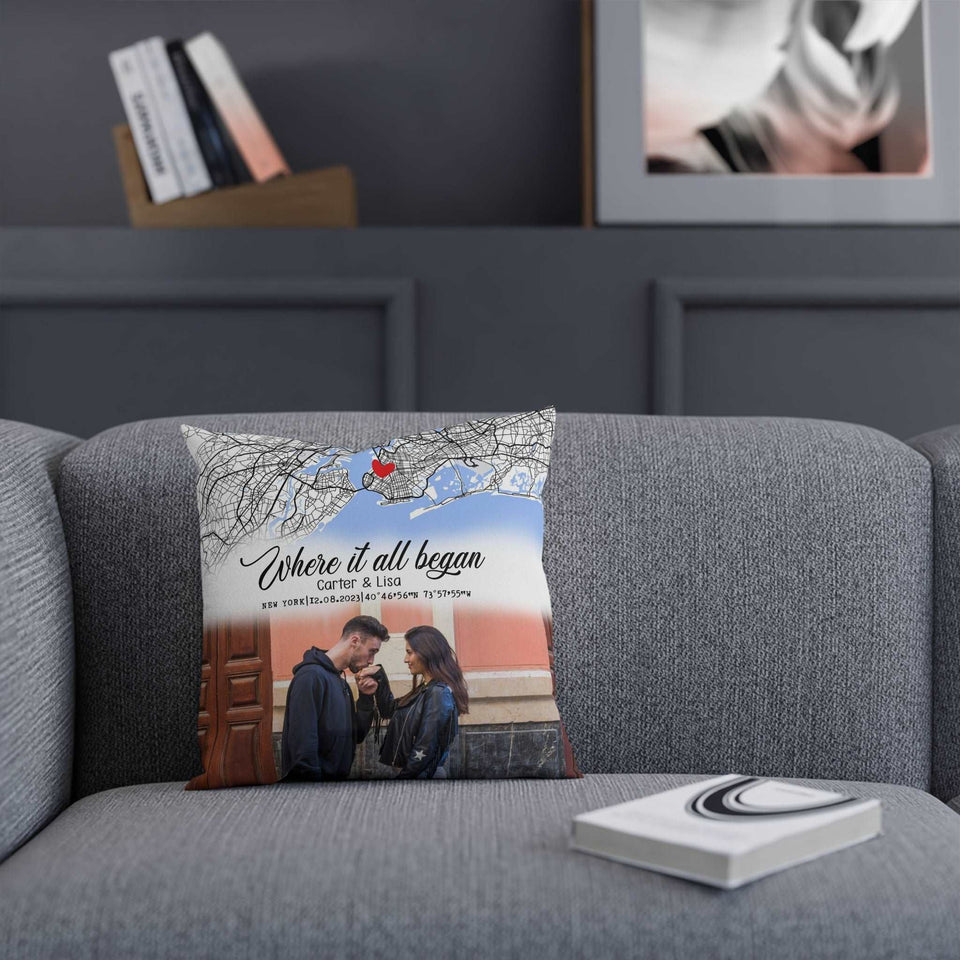 Couple Gift Personalized Maps & Photo Pillow, Pillow Gift for Her, Anniversary Gift, Engaged Gift, Where It All Began Pillow