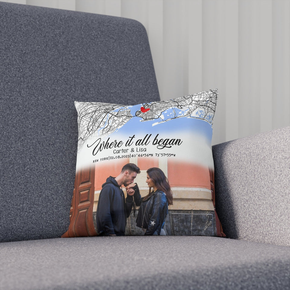 Valentine Gift Personalized Maps & Photo Pillow, Valentine or Him Gift for Her, Valentine Anniversary Gift, Where It All Began Valentine Pillow