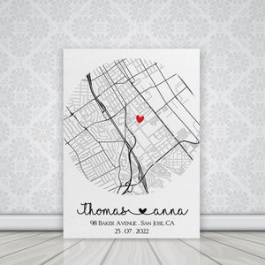 Custom First Home Map Couple Print Canvas, Housewarming Gift for First Home Couple, New House Map Canvas