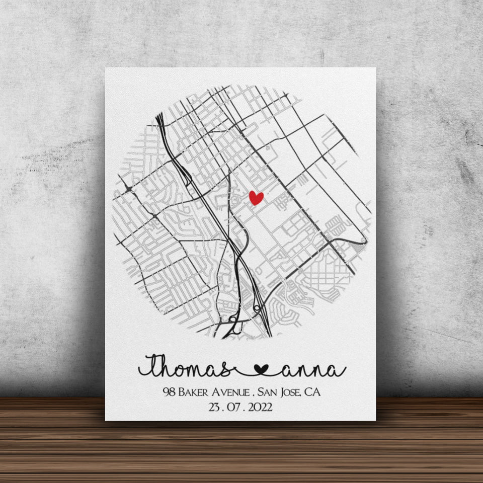 Custom First Home Map Couple Print Canvas, Housewarming Gift for First Home Couple, New House Map Canvas