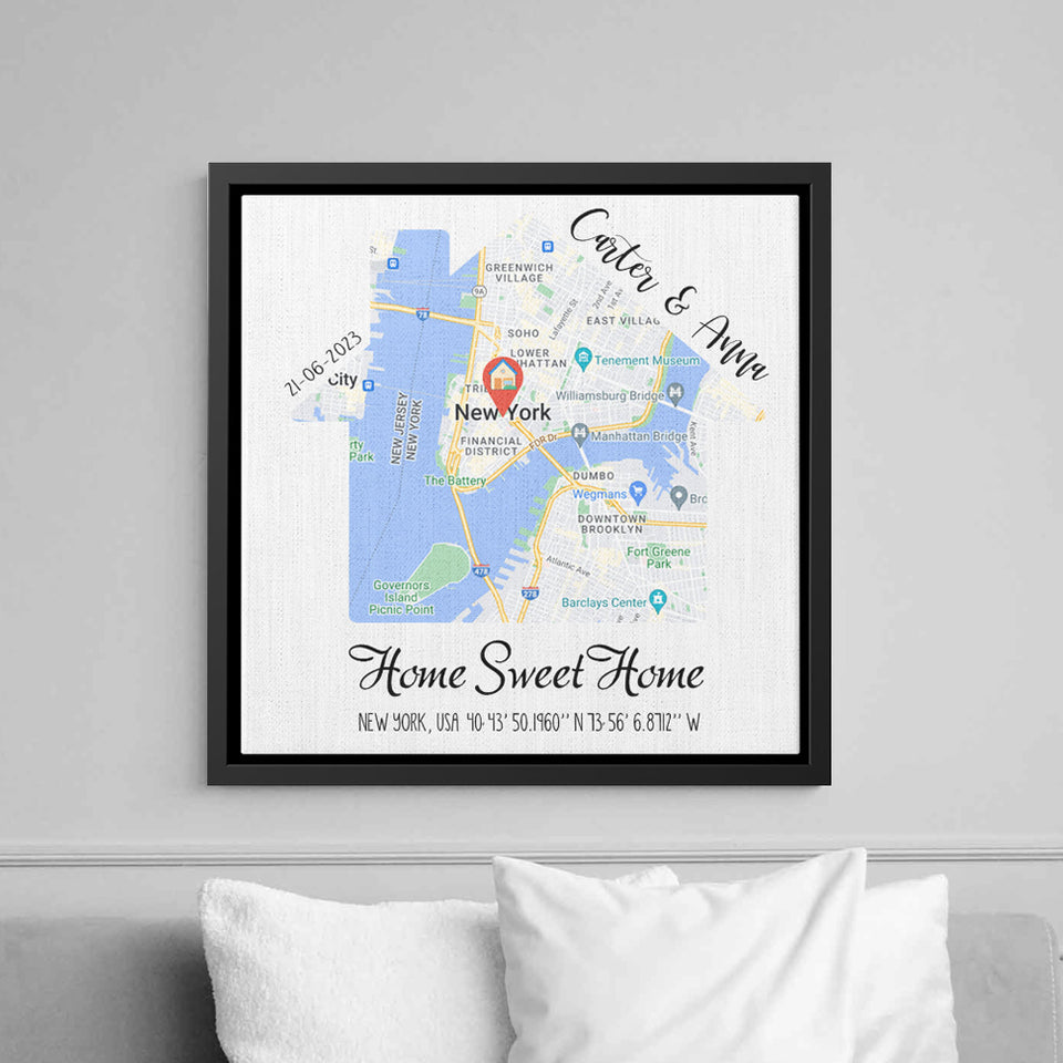 First New Home Gift for Couple House Shaped Map Wall Art, Custom City Map Art Print Frame Canvas ,Personalized Anniversary Gift for Him Her