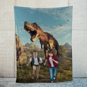 Funny T-Rex Dinosaur Running with Kids Personalized Funny Custom Blanket