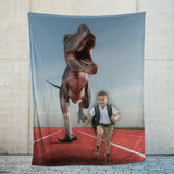 Funny T-Rex Dinosaur Running with Kids Personalized Funny Custom Blanket