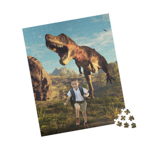Funny T-Rex Dinosaur Running with Kids Personalized Funny Custom Jigsaw Puzzle