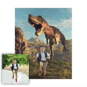 Funny T-Rex Dinosaur Running with Kids Personalized Funny Custom Jigsaw Puzzle