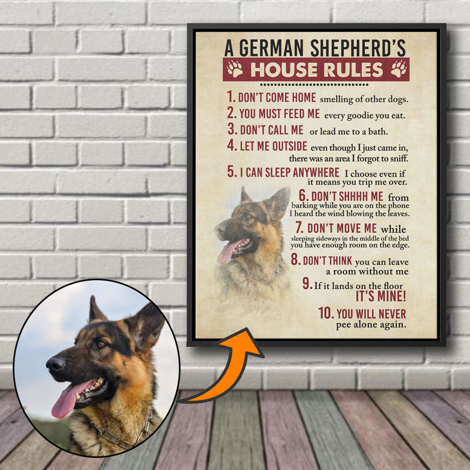 German Shepherd’s House Rules Canvas, Dog Mom Dog Dad Gift, Pet Owner Gifts, Custom Dog Portrait Canvas