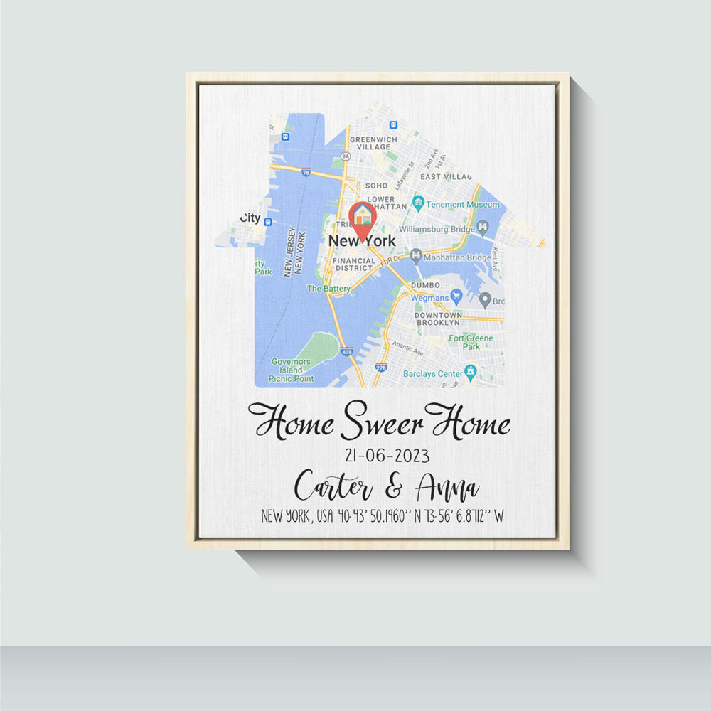 Home Sweet Home New Home Map Gift, Housewarming Gift for Couple, Realtor Closing Gift Custom Wrap Canvas