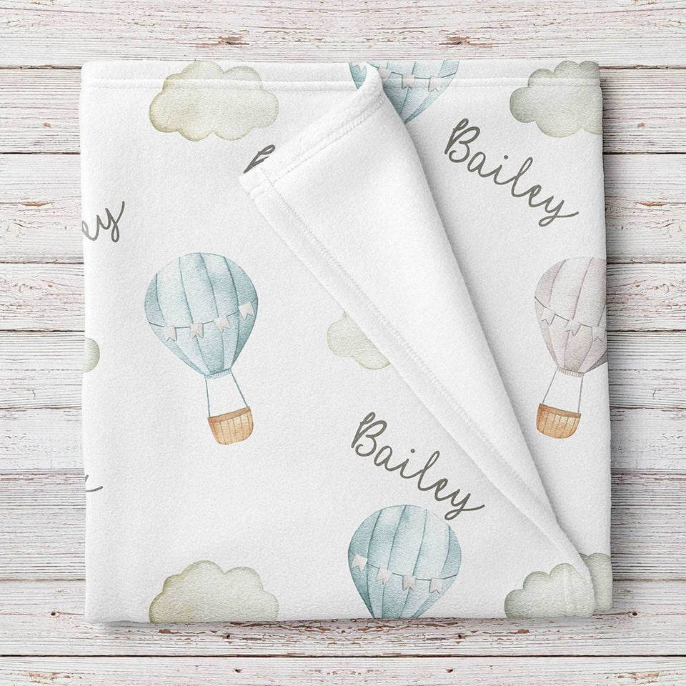 Blue Hot Air Balloons Baby Blanket, Personalized Baby Blanket Gift, Toddler Blanket, Baby Shower Gift