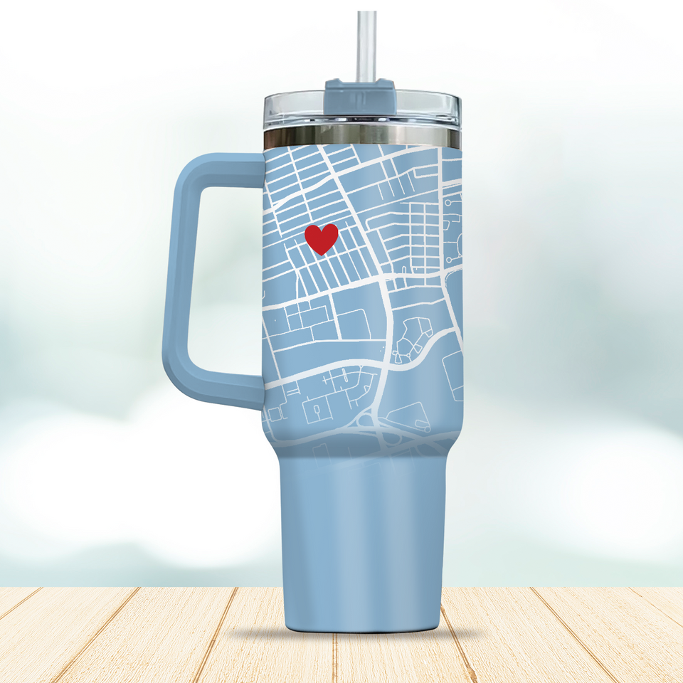 Custom City Map on Tumbler 40oz, Map of Any Town or City, Gift for Him, Gift for Her