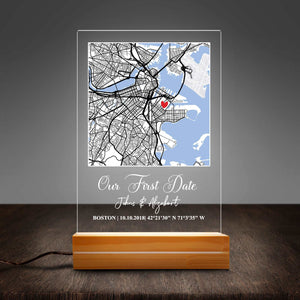 Couple Anniversary Gifts For Him or Her, Our First Date Custom Map Personalized Acrylic Plaque With LED Night Light