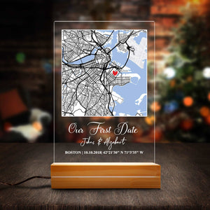 Couple Anniversary Gifts For Him or Her, Our First Date Custom Map Personalized Acrylic Plaque With LED Night Light