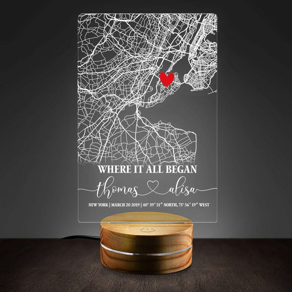 Anniversary Gift For Him Gift For Her Where It All Began Maps Personalized Acrylic Plaque LED Lamp Night Light