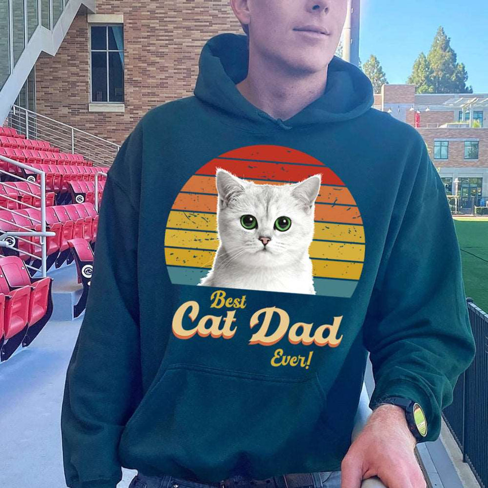 Best Cat Dad Ever Personalized Cat Photo Vintage Retro Hoodie, Father's Day Gift Hoodie - GreatestCustom