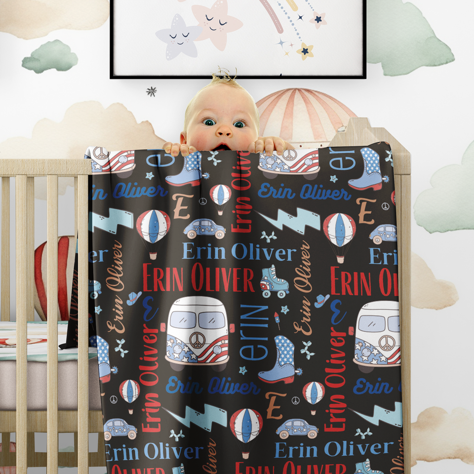 Personalized Baby Name Blanket, American Boy Custom Name Blanket, Toddler Boy Blanket