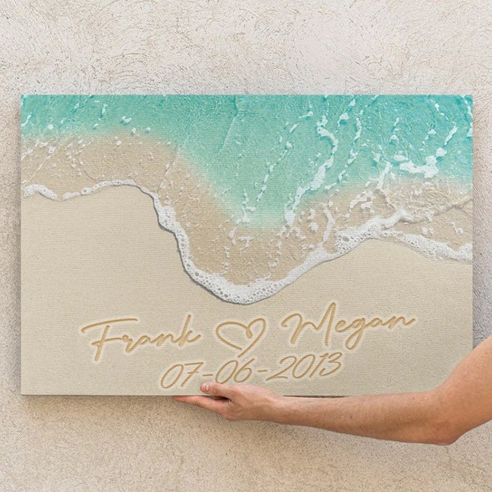 Personalized Beach Sand Writing Square Canvas, Couple Gift, Anniversary Gift, Couple Names Canvas, Beach Name In Sand Wall Art Canvas - Greatestcustom