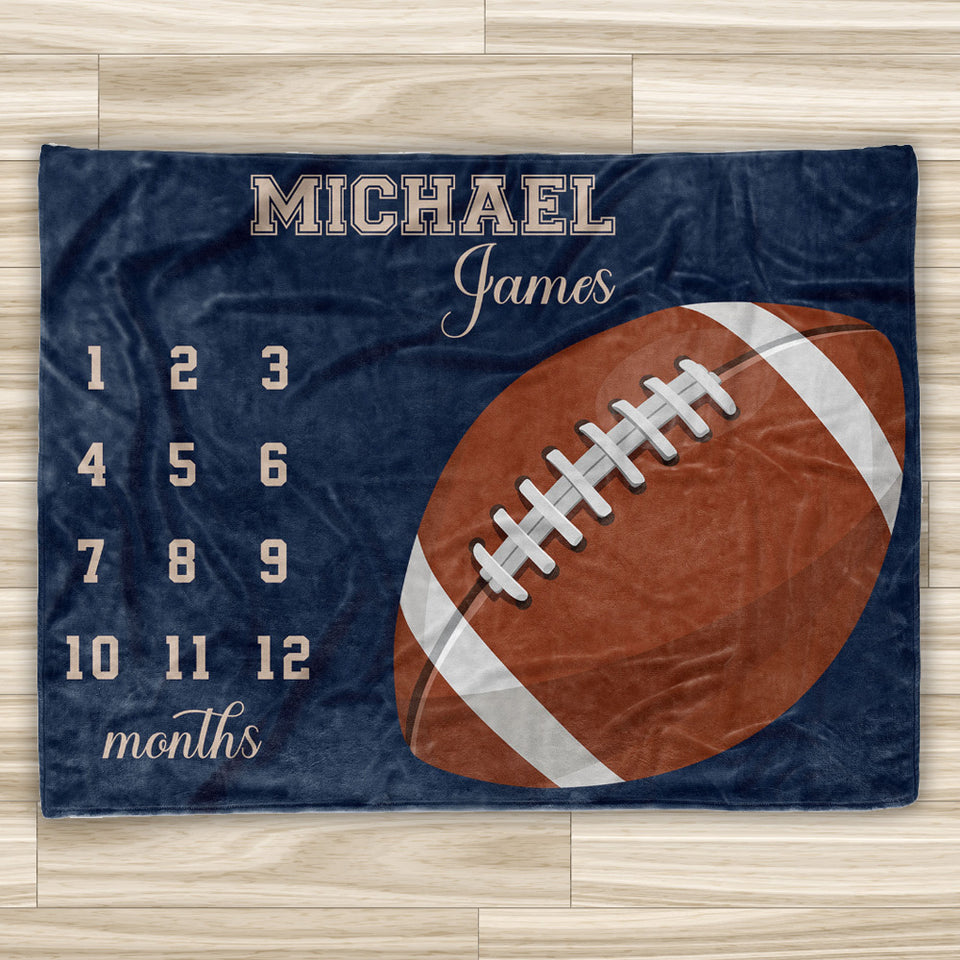 Personalized Football Milestone Boy Blanket Sports, New Mom Gift, Newborn Baby Gift, Football Blanket, Baptism Gift
