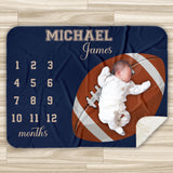 Personalized Football Milestone Boy Blanket Sports, New Mom Gift, Newborn Baby Gift, Football Blanket, Baptism Gift