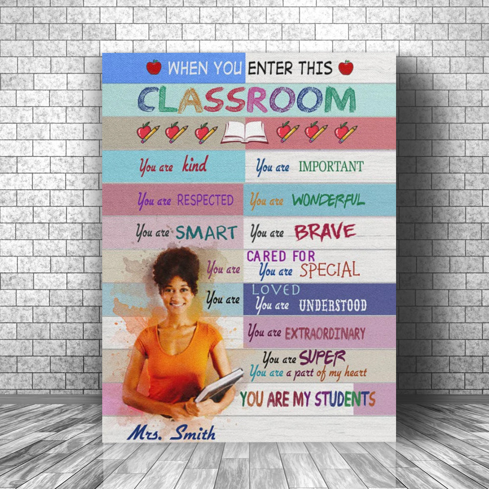 Personalized Teacher Classroom Canvas, Doll Teacher Wood Texture Classroom Wall Art, Back to School Watercolor Canvas Wall Decor
