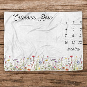 Personalized Wildflower Baby Milestone Blanket, Baby Shower Gift, New Mom Gift, Botanical Baby Girl Blanket