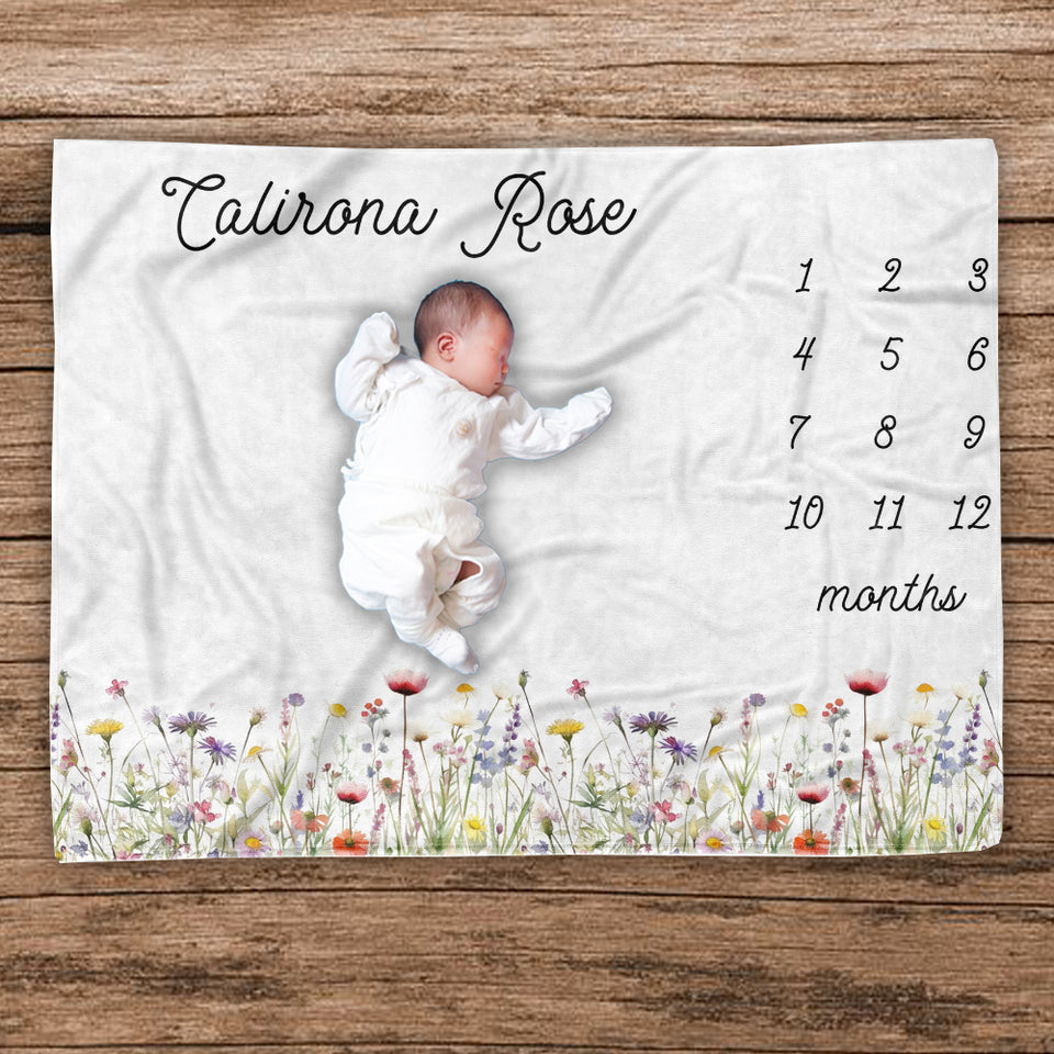 Personalized Wildflower Baby Milestone Blanket, Baby Shower Gift, New Mom Gift, Botanical Baby Girl Blanket