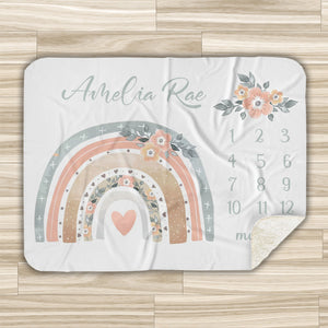 Rainbow Baby Milestone Blanket Girl, Floral Boho Rainbow Baby Month Blanket, Personalized Baby Girl Shower Gift